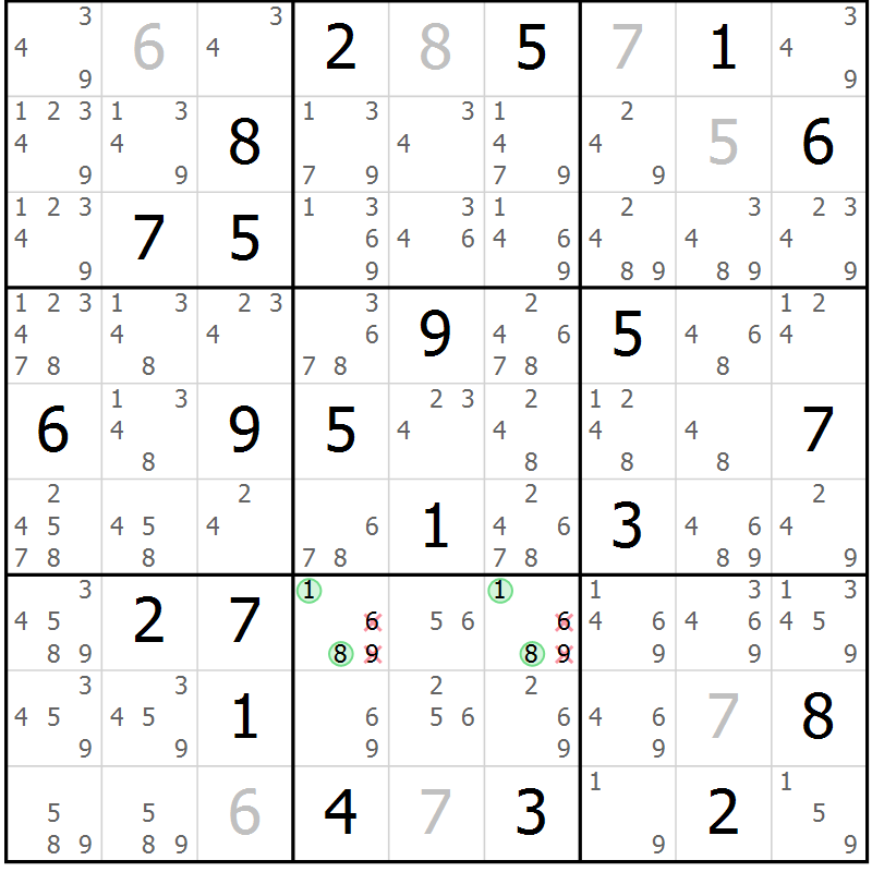 Position des candidats pour la solution de la Gr 27 page 30 du magazine de sudoku Suprême n° 034