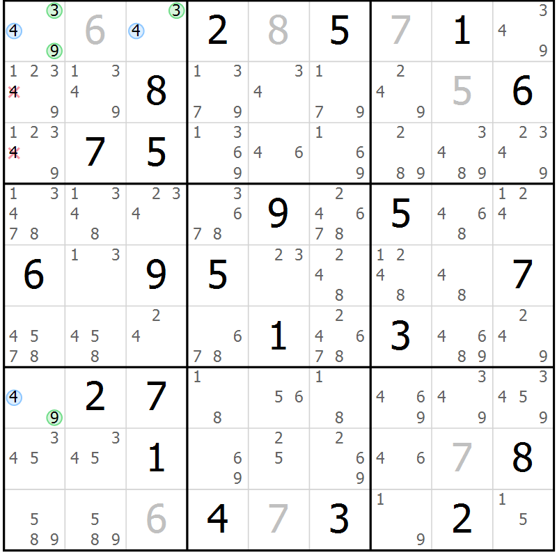 Position des candidats pour la solution de la Gr 27 page 30 du magazine de sudoku Suprême n° 034