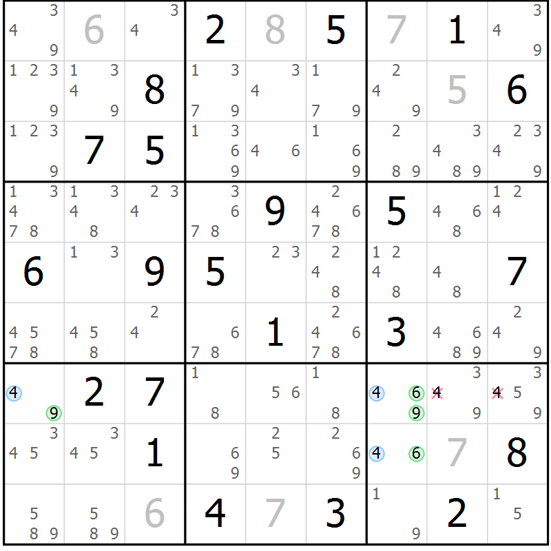 Position des candidats pour la solution de la Gr 27 page 30 du magazine de sudoku Suprême n° 034