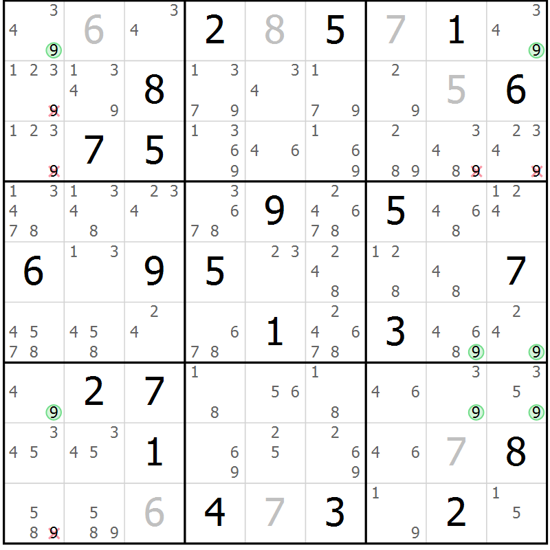 Position des candidats pour la solution de la Gr 27 page 30 du magazine de sudoku Suprême n° 034