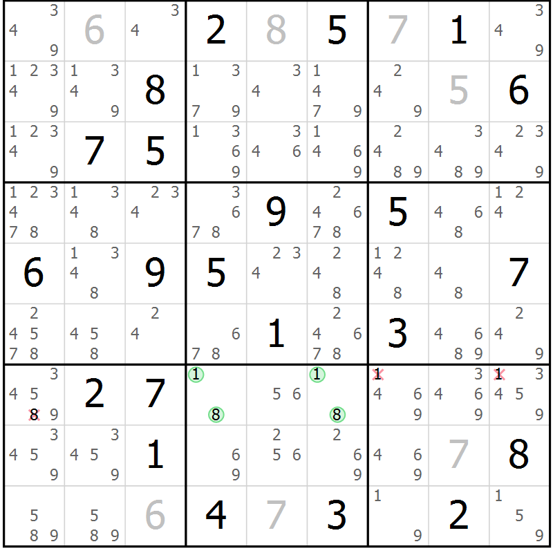 Position des candidats pour la solution de la Gr 27 page 30 du magazine de sudoku Suprême n° 034