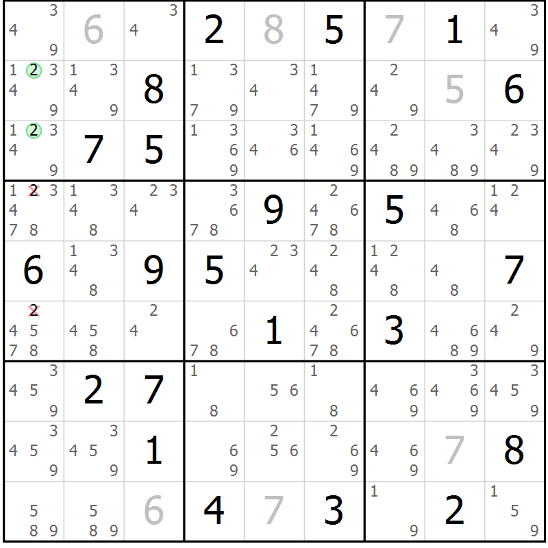 Position des candidats pour la solution de la Gr 27 page 30 du magazine de sudoku Suprême n° 034