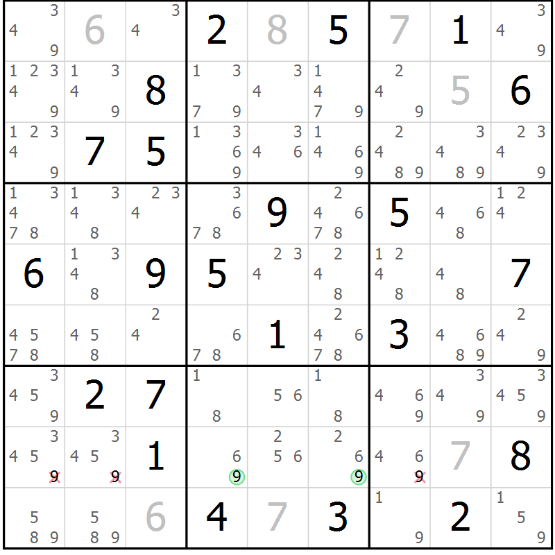 Position des candidats pour la solution de la Gr 27 page 30 du magazine de sudoku Suprême n° 034