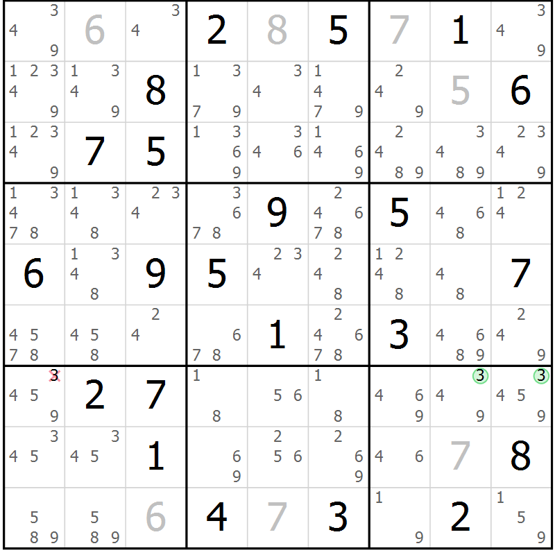 Position des candidats pour la solution de la Gr 27 page 30 du magazine de sudoku Suprême n° 034