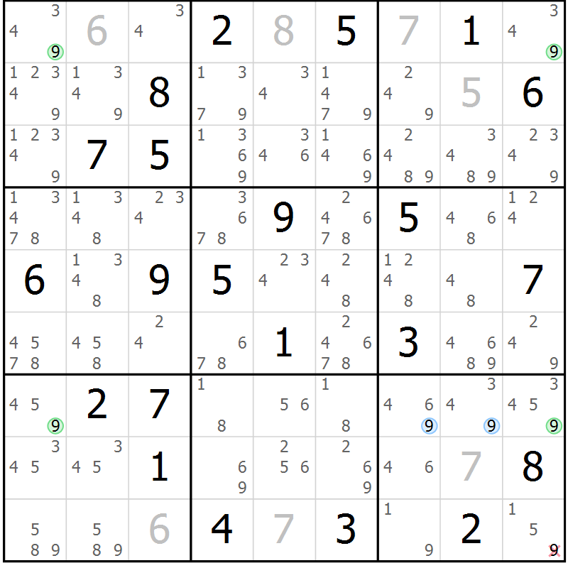 Position des candidats pour la solution de la Gr 27 page 30 du magazine de sudoku Suprême n° 034