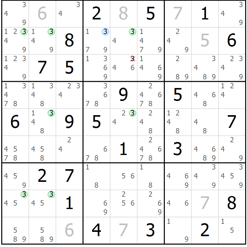Position des candidats pour la solution de la Gr 27 page 30 du magazine de sudoku Suprême n° 034