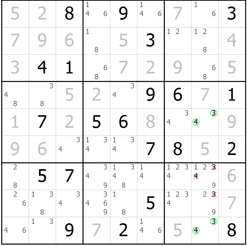 Position des candidats pour la solution de la Gr 28 page 31 du magazine de sudoku Suprême n° 034