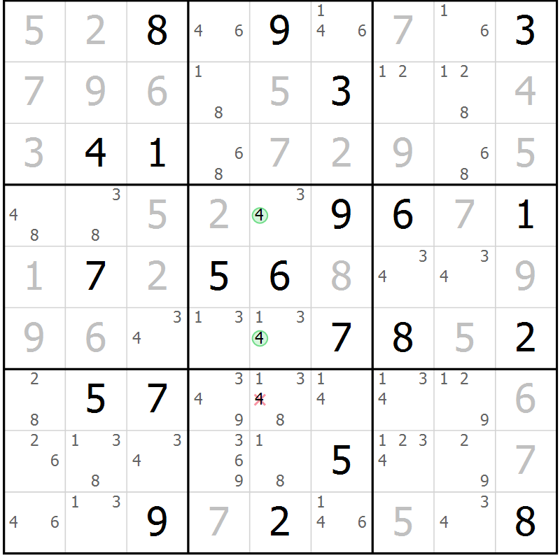 Position des candidats pour la solution de la Gr 28 page 31 du magazine de sudoku Suprême n° 034