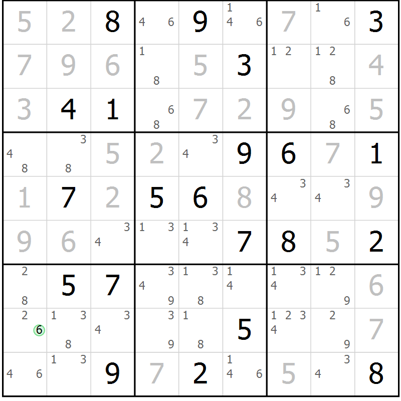 Position des candidats pour la solution de la Gr 28 page 31 du magazine de sudoku Suprême n° 034