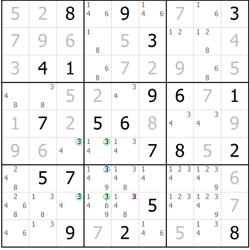 Position des candidats pour la solution de la Gr 28 page 31 du magazine de sudoku Suprême n° 034