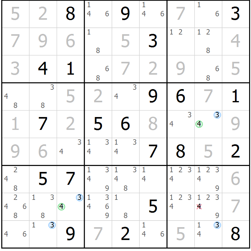 Position des candidats pour la solution de la Gr 28 page 31 du magazine de sudoku Suprême n° 034