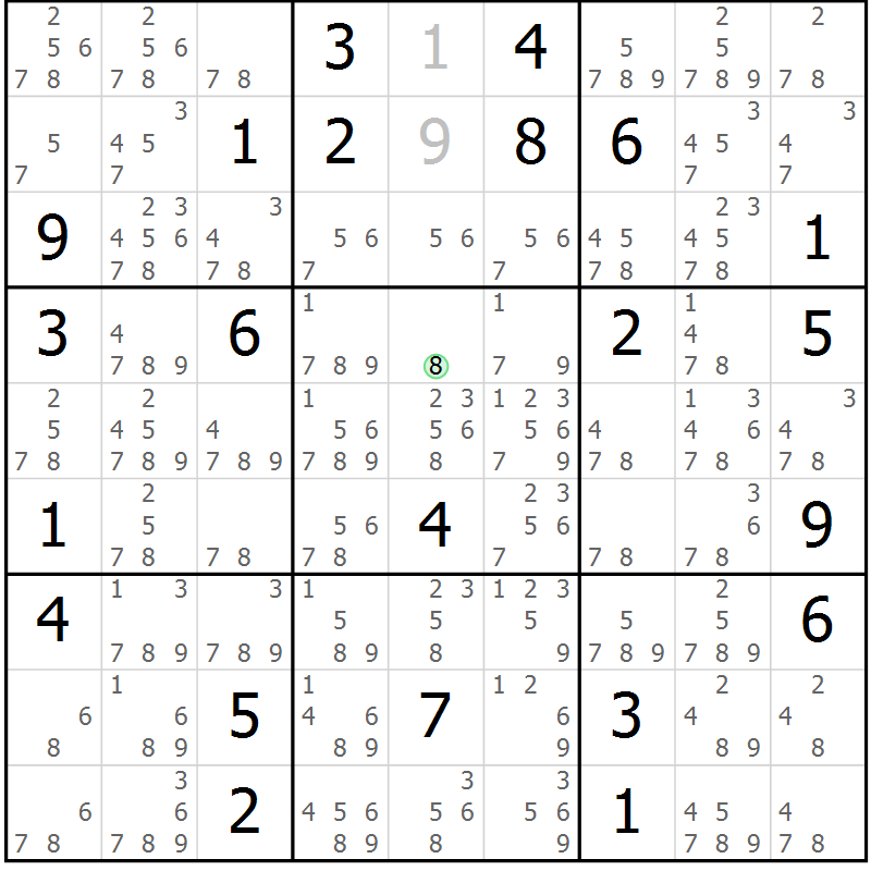 Position des candidats pour la solution de la Gr 29 page 32 du magazine de sudoku Suprême n° 034