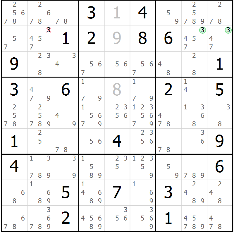 Position des candidats pour la solution de la Gr 29 page 32 du magazine de sudoku Suprême n° 034