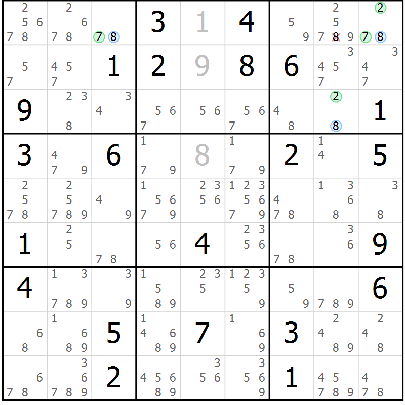 Position des candidats pour la solution de la Gr 29 page 32 du magazine de sudoku Suprême n° 034