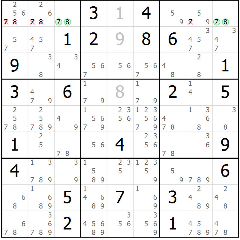 Position des candidats pour la solution de la Gr 29 page 32 du magazine de sudoku Suprême n° 034