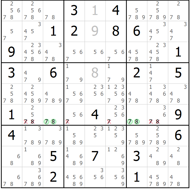 Position des candidats pour la solution de la Gr 29 page 32 du magazine de sudoku Suprême n° 034