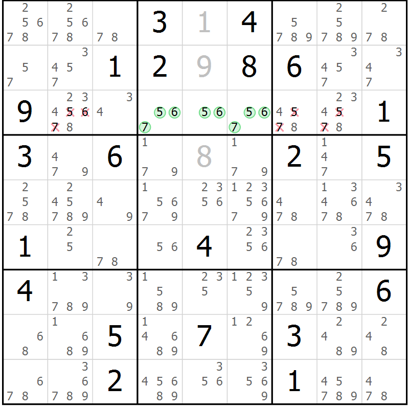 Position des candidats pour la solution de la Gr 29 page 32 du magazine de sudoku Suprême n° 034