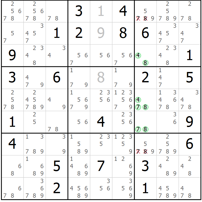 Position des candidats pour la solution de la Gr 29 page 32 du magazine de sudoku Suprême n° 034
