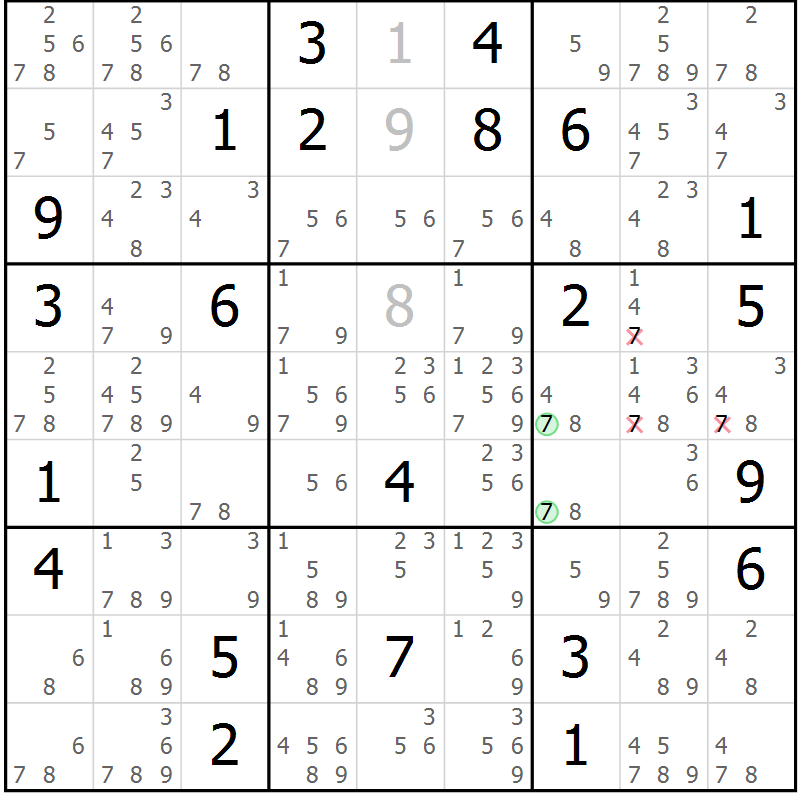 Position des candidats pour la solution de la Gr 29 page 32 du magazine de sudoku Suprême n° 034