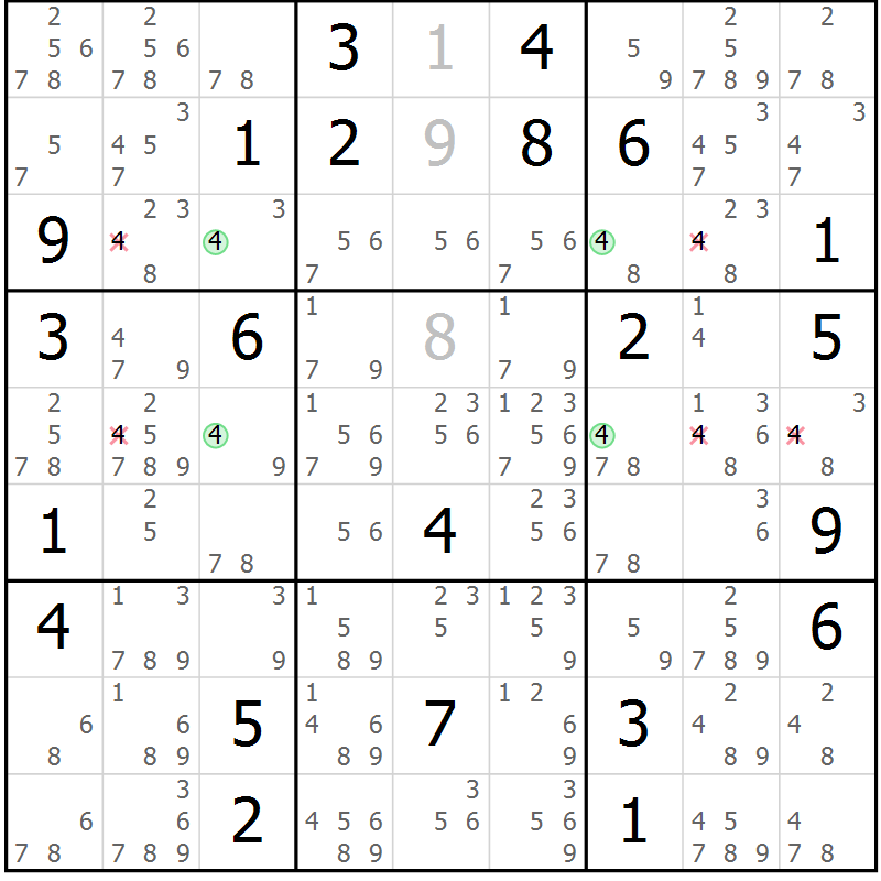 Position des candidats pour la solution de la Gr 29 page 32 du magazine de sudoku Suprême n° 034