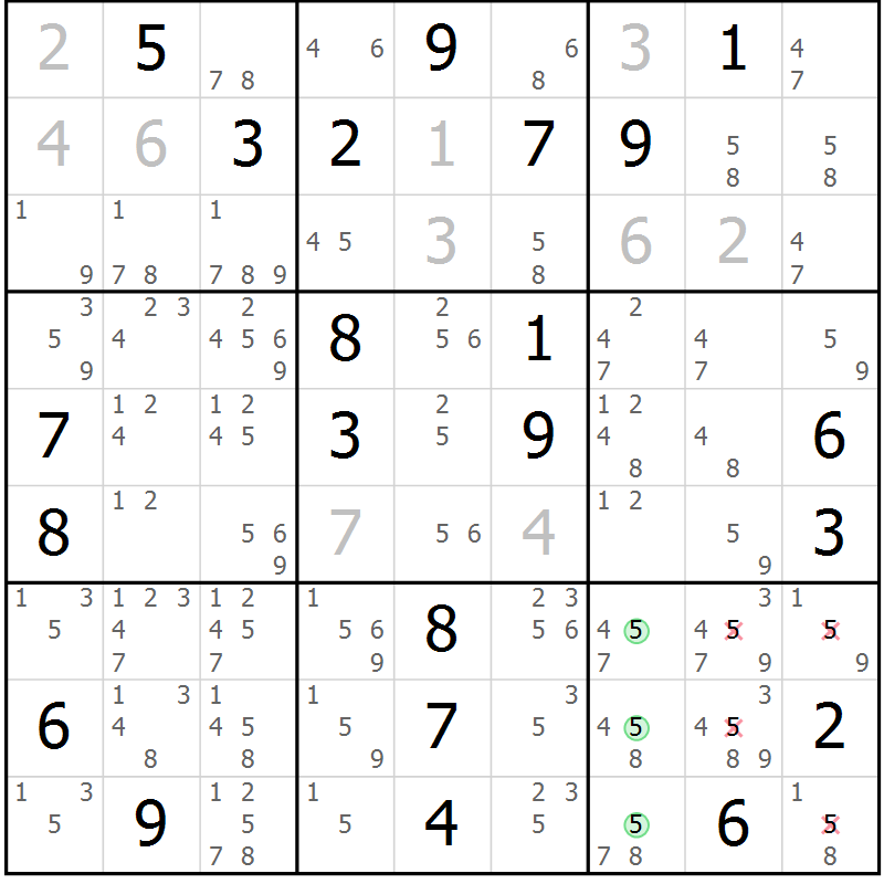 Position des candidats pour la solution de la Gr 3 page 6 du magazine de sudoku Suprême n° 034