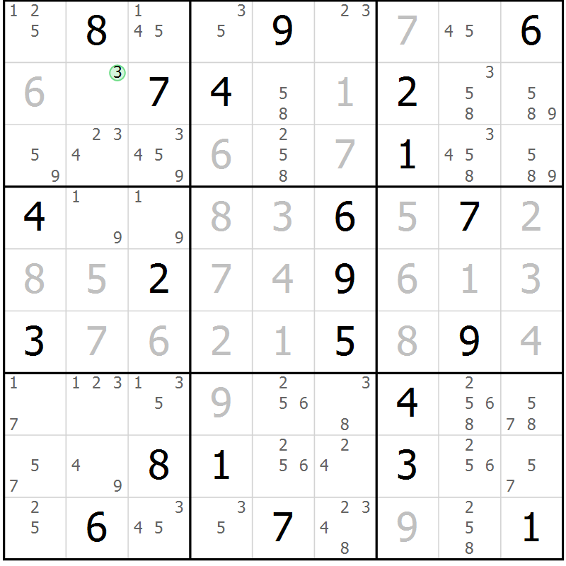 Position des candidats pour la solution de la Gr 30 page 33 du magazine de sudoku Suprême n° 034
