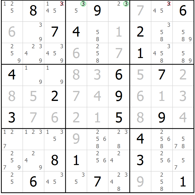 Position des candidats pour la solution de la Gr 30 page 33 du magazine de sudoku Suprême n° 034