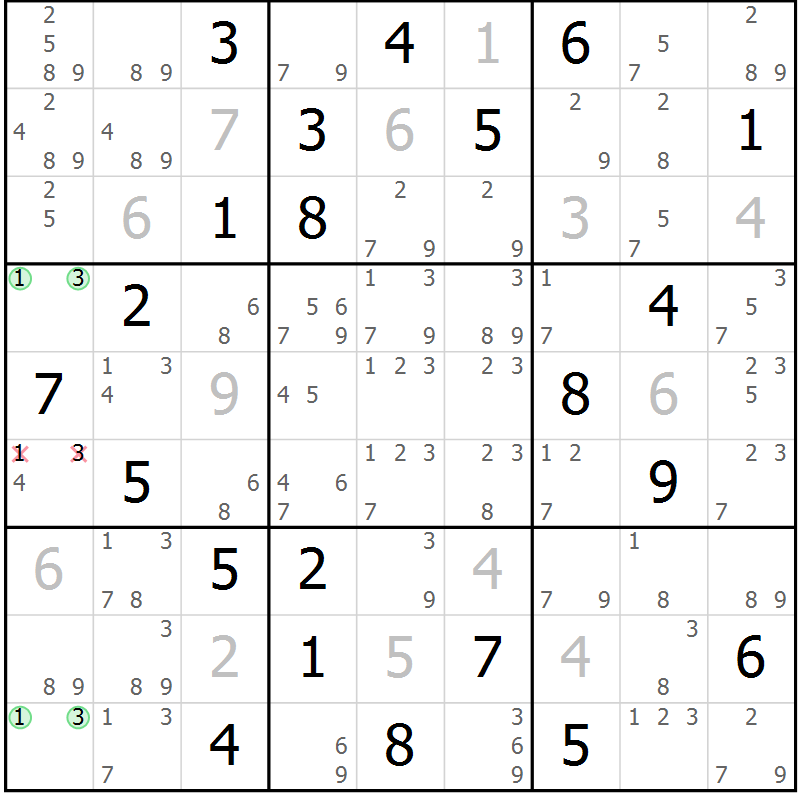 Position des candidats pour la solution de la Gr 31 page 34 du magazine de sudoku Suprême n° 034