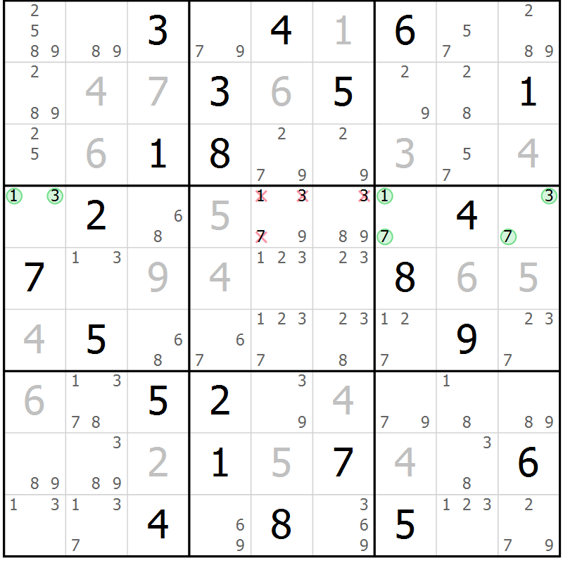 Position des candidats pour la solution de la Gr 31 page 34 du magazine de sudoku Suprême n° 034