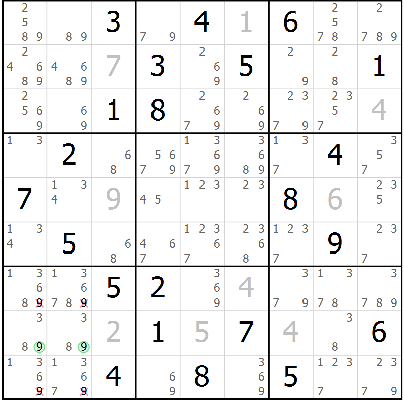 Position des candidats pour la solution de la Gr 31 page 34 du magazine de sudoku Suprême n° 034