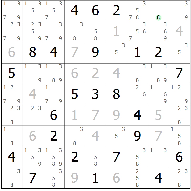 Position des candidats pour la solution de la Gr 32 page 35 du magazine de sudoku Suprême n° 034