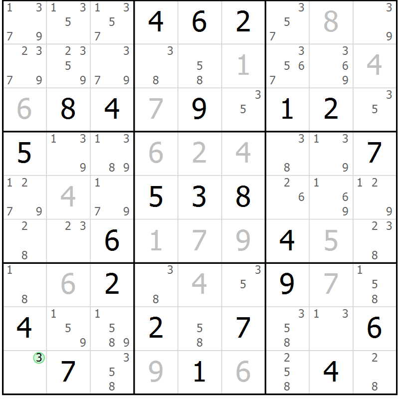 Position des candidats pour la solution de la Gr 32 page 35 du magazine de sudoku Suprême n° 034