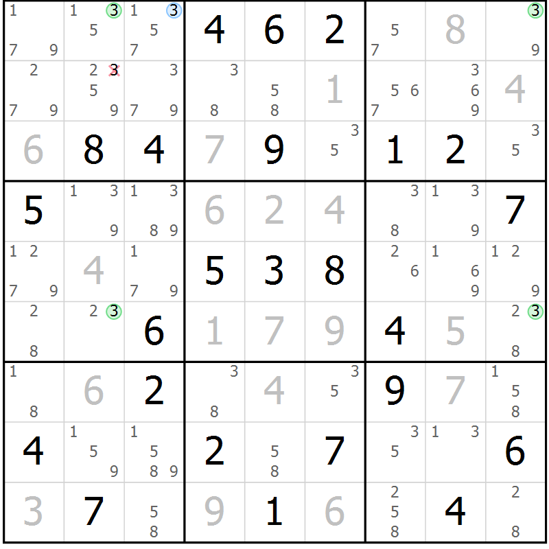Position des candidats pour la solution de la Gr 32 page 35 du magazine de sudoku Suprême n° 034