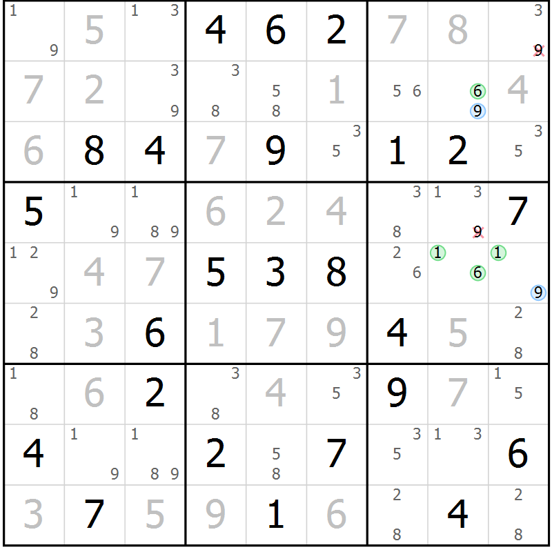 Position des candidats pour la solution de la Gr 32 page 35 du magazine de sudoku Suprême n° 034
