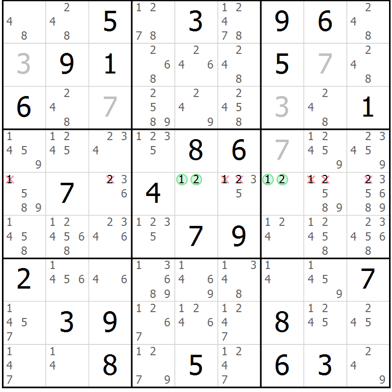 Position des candidats pour la solution de la Gr 33 page 36 du magazine de sudoku Suprême n° 034