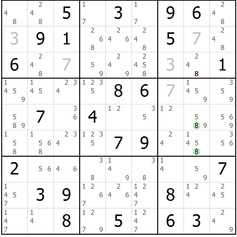 Position des candidats pour la solution de la Gr 33 page 36 du magazine de sudoku Suprême n° 034