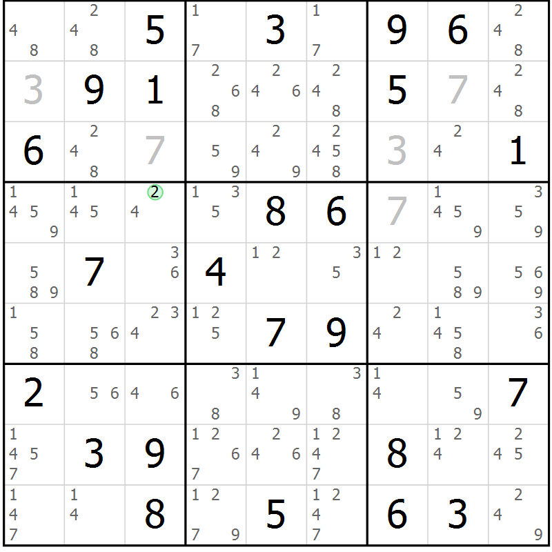 Position des candidats pour la solution de la Gr 33 page 36 du magazine de sudoku Suprême n° 034