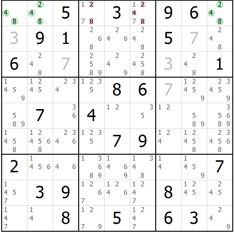 Position des candidats pour la solution de la Gr 33 page 36 du magazine de sudoku Suprême n° 034