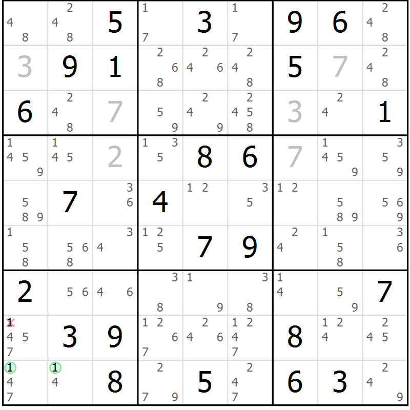 Position des candidats pour la solution de la Gr 33 page 36 du magazine de sudoku Suprême n° 034