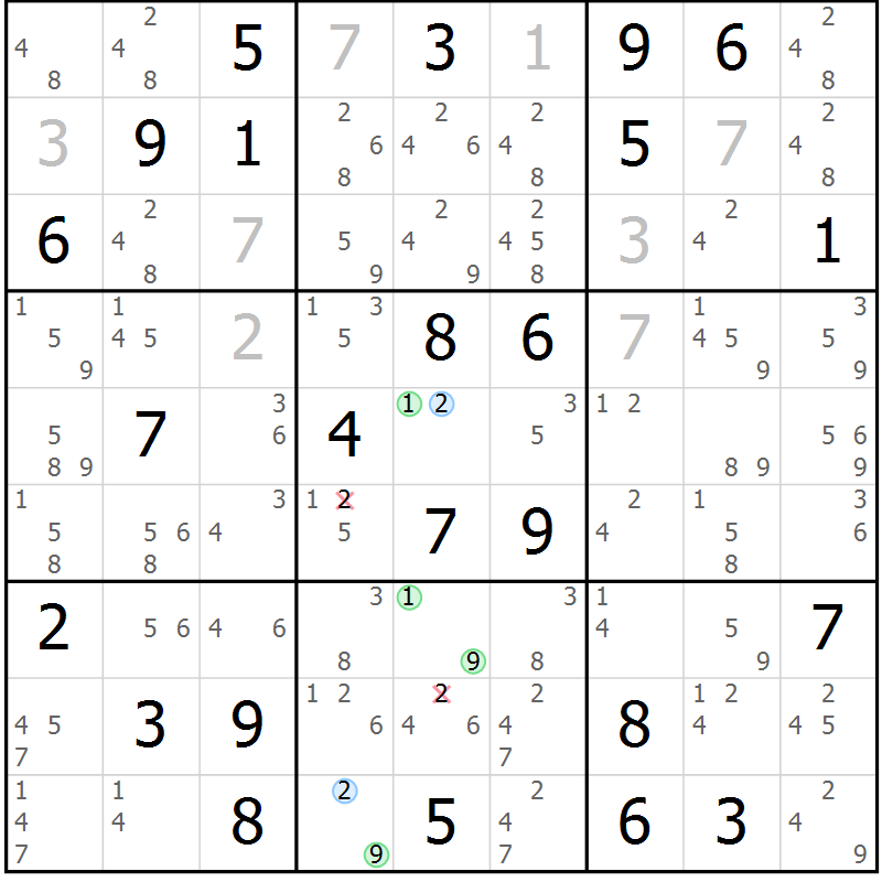 Position des candidats pour la solution de la Gr 33 page 36 du magazine de sudoku Suprême n° 034