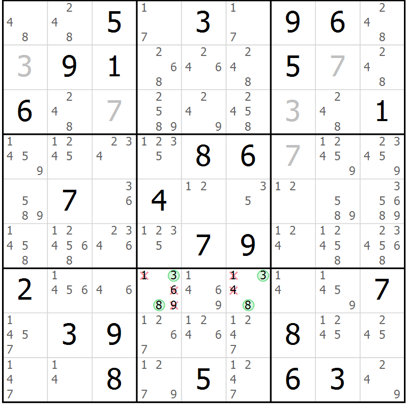 Position des candidats pour la solution de la Gr 33 page 36 du magazine de sudoku Suprême n° 034