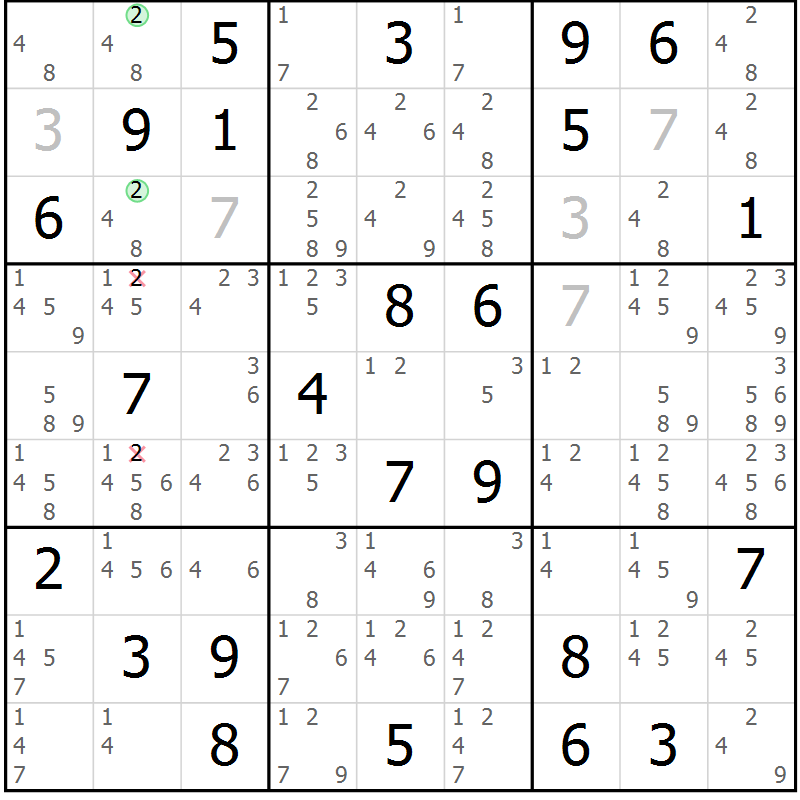 Position des candidats pour la solution de la Gr 33 page 36 du magazine de sudoku Suprême n° 034