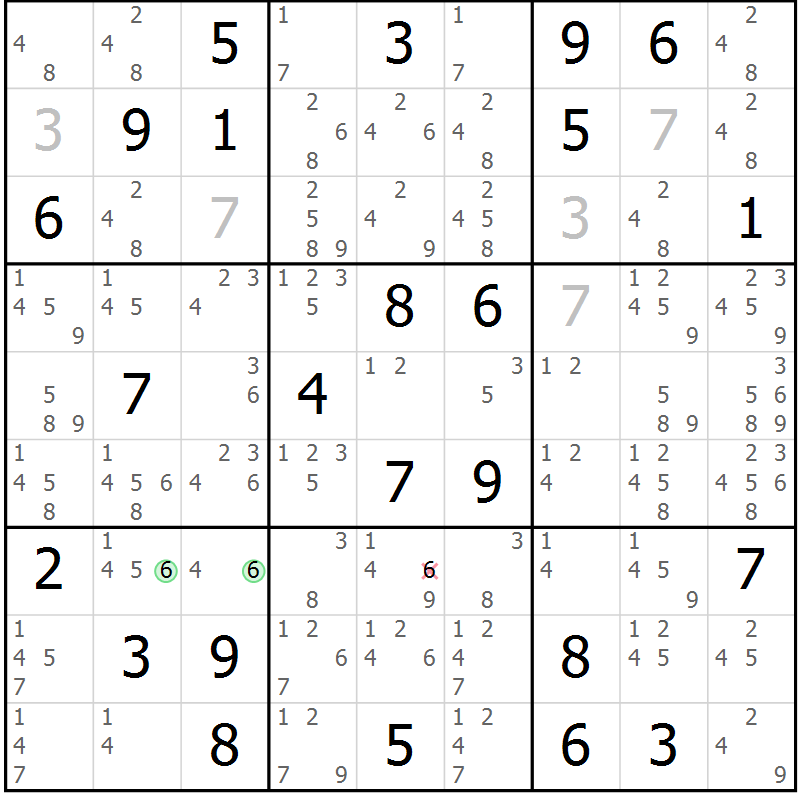 Position des candidats pour la solution de la Gr 33 page 36 du magazine de sudoku Suprême n° 034
