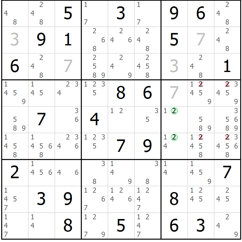 Position des candidats pour la solution de la Gr 33 page 36 du magazine de sudoku Suprême n° 034