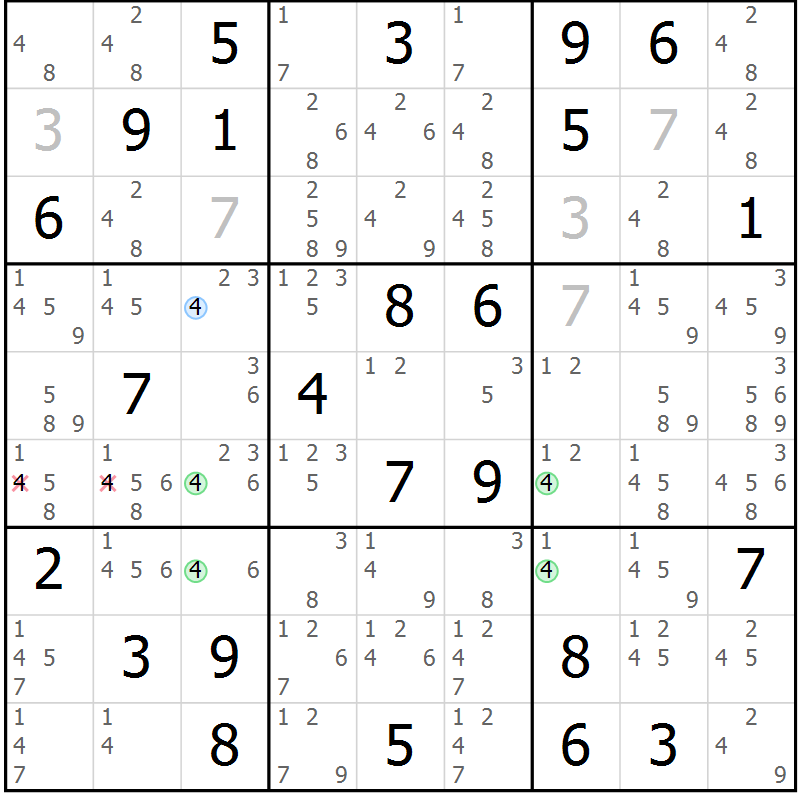 Position des candidats pour la solution de la Gr 33 page 36 du magazine de sudoku Suprême n° 034