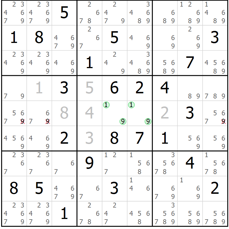 Position des candidats pour la solution de la Gr 34 page 37 du magazine de sudoku Suprême n° 034