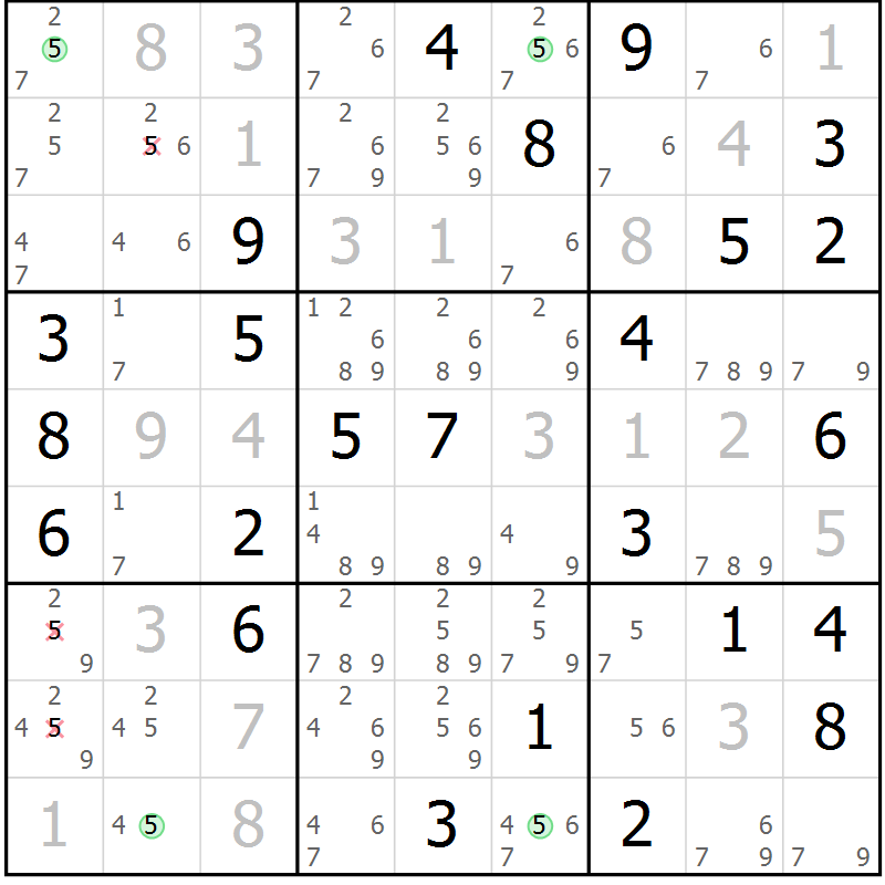 Position des candidats pour la solution de la Gr 36 page 39 du magazine de sudoku Suprême n° 034