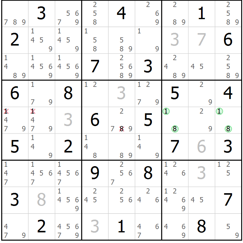 Position des candidats pour la solution de la Gr 38 page 41 du magazine de sudoku Suprême n° 034