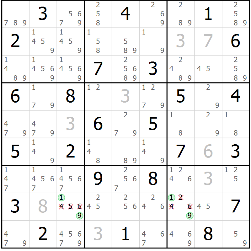 Position des candidats pour la solution de la Gr 38 page 41 du magazine de sudoku Suprême n° 034