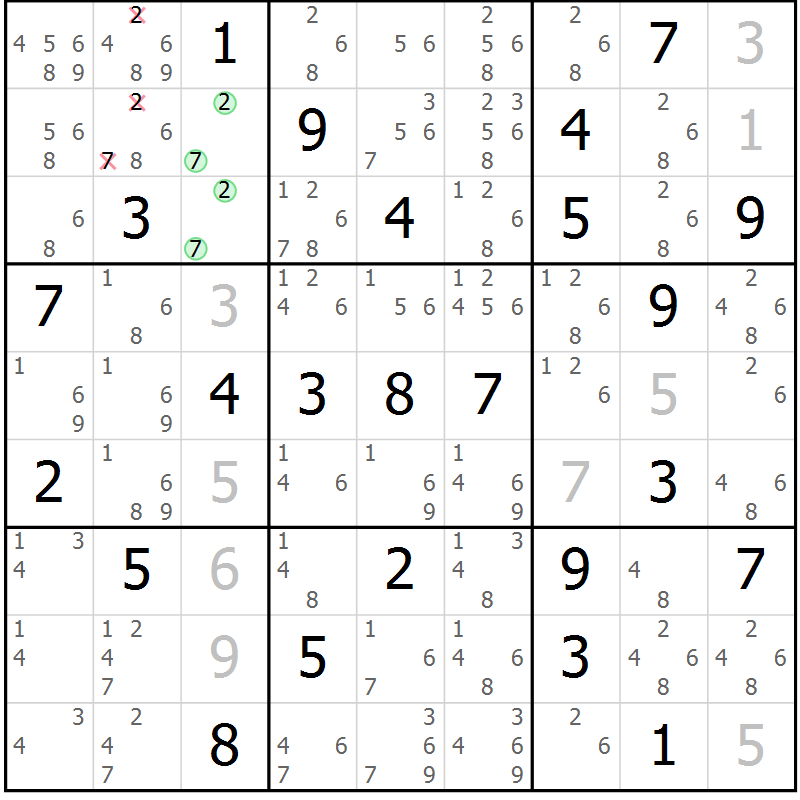 Position des candidats pour la solution de la Gr 39 page 42 du magazine de sudoku Suprême n° 034